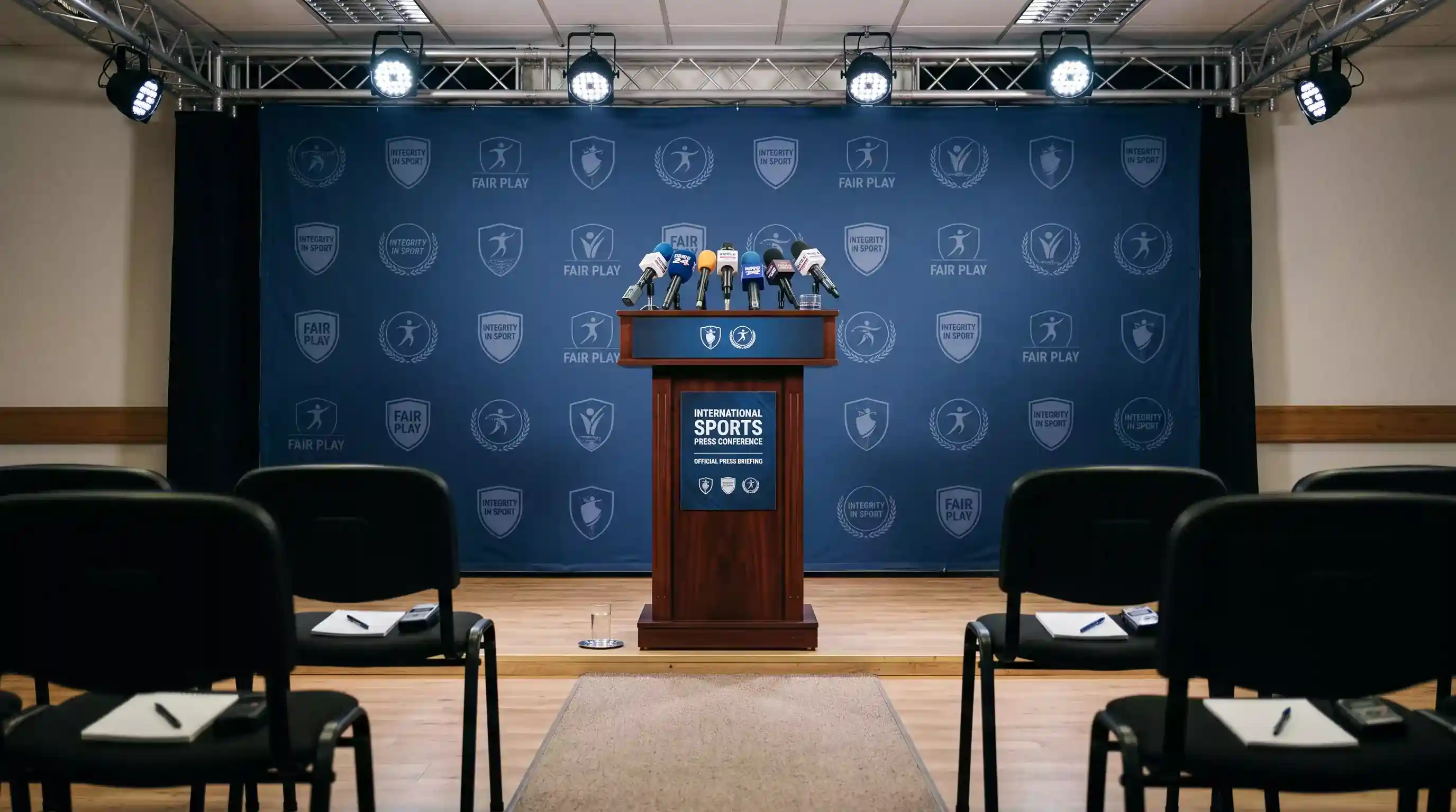 Microphones lined up at a press conference podium with MLB and sports integrity logos in the background