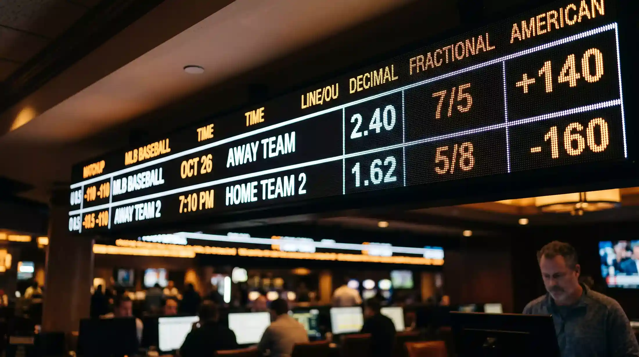 Close-up of a sportsbook odds board showing decimal, fractional, and American odds side by side